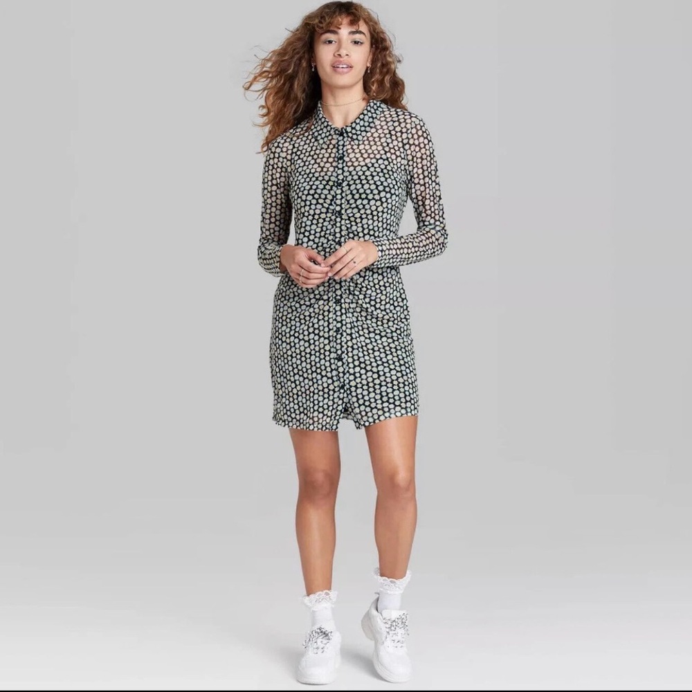 wild fable Black and White Floral Daisy Printed Mesh Button Up Mini Shirt Dress